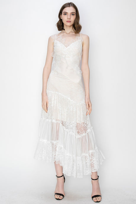 Floral Lace Sleeveless Asymmetrical Midi Dress