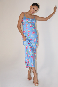 Floral Pattern Satin Long Dress with Back String