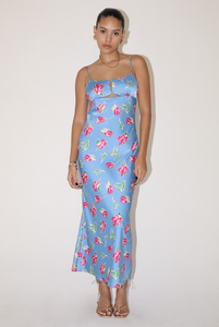 Floral Pattern Satin Long Dress with Back String