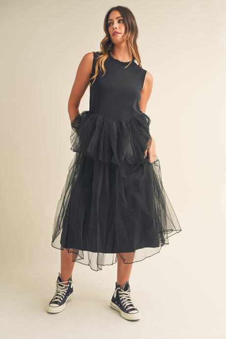 Sleeveless Tulle Contrasted Midi Dress