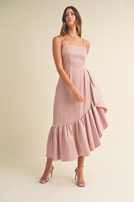 Frill Detail Asymmetric Hem Line Midi Dress