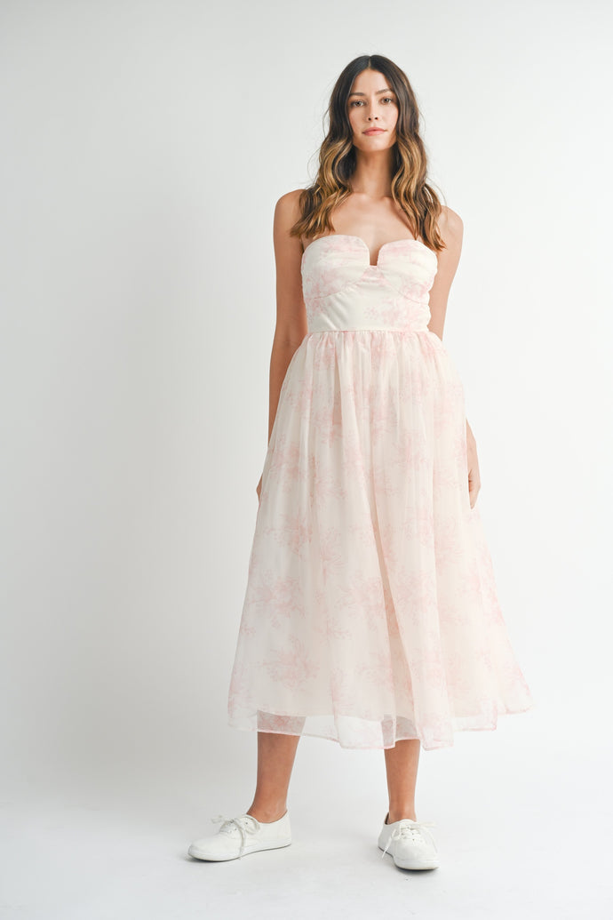 Floral Organza Plunged Midi Dress