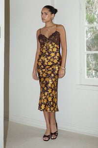 Floral Long Dress with Trim on Top
