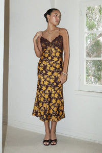 Floral Long Dress with Trim on Top