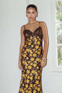 Floral Long Dress with Trim on Top