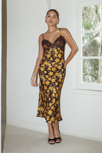 Floral Long Dress with Trim on Top