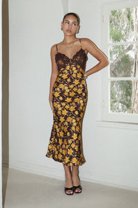 Floral Long Dress with Trim on Top