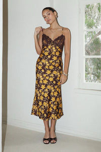 Floral Long Dress with Trim on Top