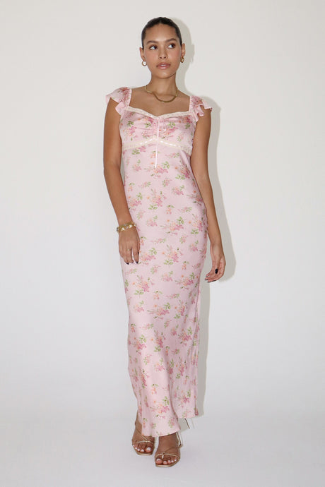 Floral Satin Long Dress with Ribbon Trim