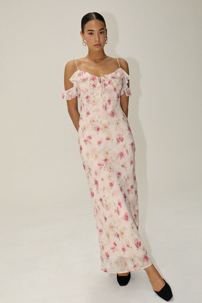 Dreamy Floral Ruffle Shoulder Long Dress
