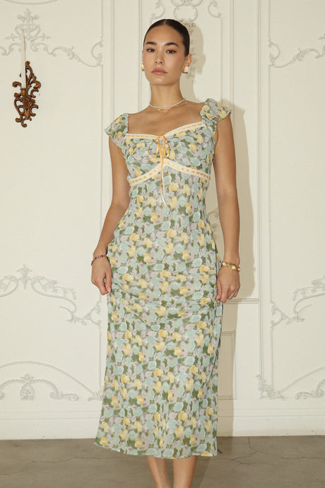 Ribbon Trim Floral Chiffon Long Dress
