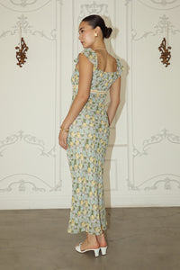 Ribbon Trim Floral Chiffon Long Dress