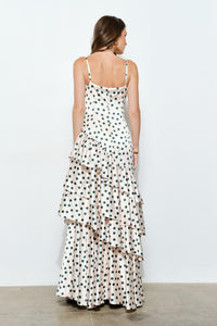 Satin Polka Dot Tiered Ruffle Maxi Dress
