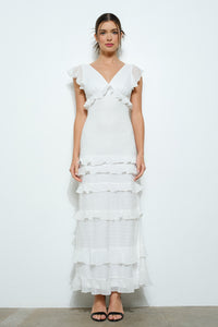 Ruffle V-neck Cap Sleeve Tiered Maxi Dress