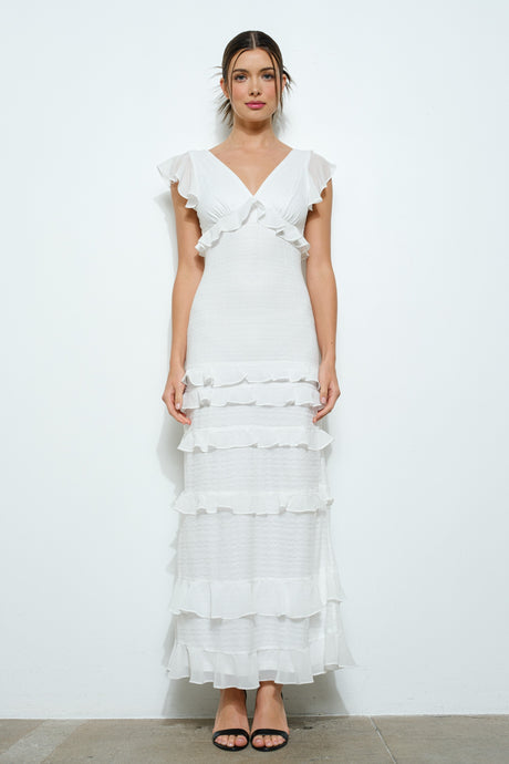 Ruffle V-neck Cap Sleeve Tiered Maxi Dress