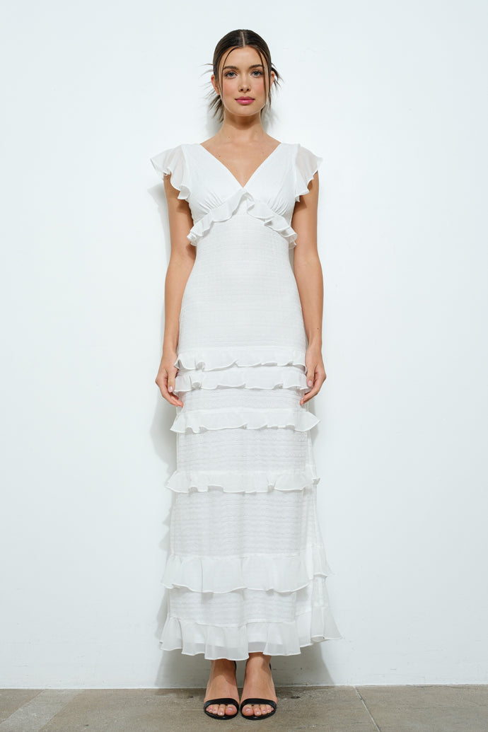 Ruffle V-neck Cap Sleeve Tiered Maxi Dress