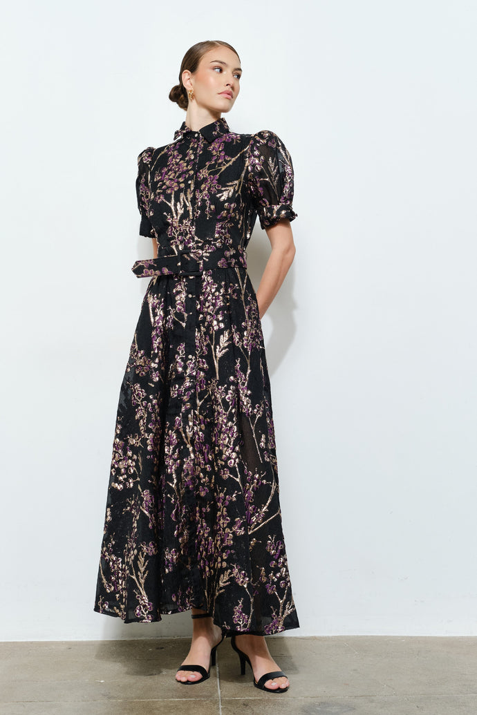 Golden Lurex Floral Jewel Button Maxi Dress
