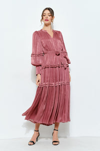 Shimmer Crinkled Long Sleeve Tiered Midi Dress