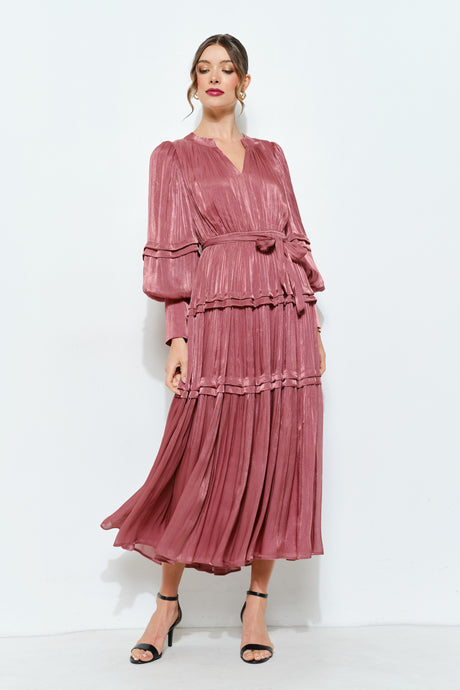 Shimmer Crinkled Long Sleeve Tiered Midi Dress