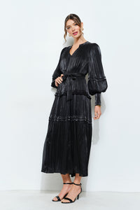 Shimmer Crinkled Long Sleeve Tiered Midi Dress
