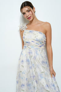 Floral One-shoulder Dots Chiffon Maxi Dress