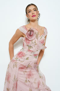 Floral Print Flower Corsage Detail Maxi Dress