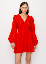 Load image into Gallery viewer, Long Puff Sleeves Ruffle V-neck Smoking Waist Mini Dress