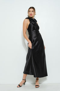 Satin Sleeveless Knot-drape Halter Maxi Dress