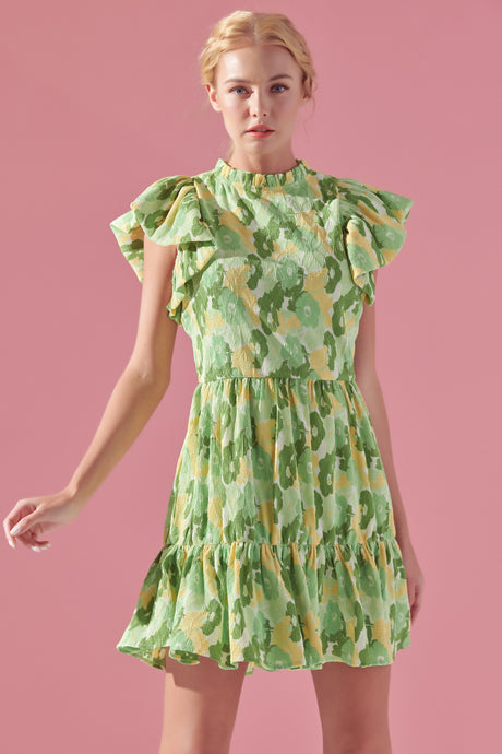 Textured Floral Printed Babydoll Mini Dress