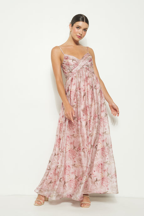 Floral Print Satin Bow Detail Midi Dress