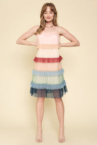 Color Blocked Mesh Ruffle Dress