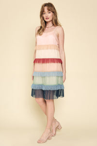 Color Blocked Mesh Ruffle Dress