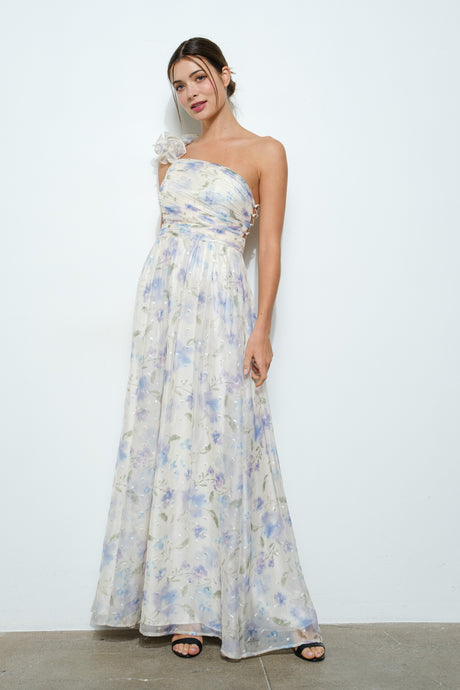 Floral One-shoulder Dots Chiffon Maxi Dress