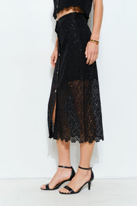 Floral Lace Button-front Midi Skirt