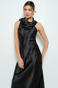 Satin Sleeveless Knot-drape Halter Maxi Dress