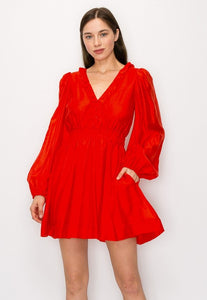 Long Puff Sleeves Ruffle V-neck Smoking Waist Mini Dress
