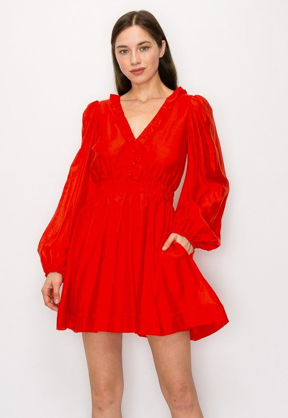 Long Puff Sleeves Ruffle V-neck Smoking Waist Mini Dress