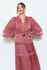 Shimmer Crinkled Long Sleeve Tiered Midi Dress