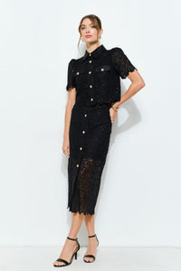 Floral Lace Button-front Midi Skirt