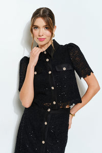 Puff Short Sleeve Pearl Button Lace Shirt