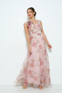 Floral Print Flower Corsage Detail Maxi Dress