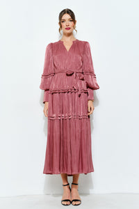 Shimmer Crinkled Long Sleeve Tiered Midi Dress