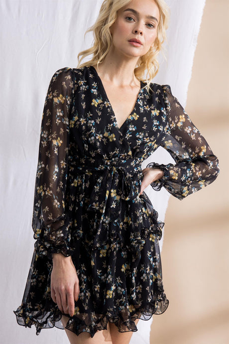Floral Print Surplice Neck Ruffle Detail Mini Dress