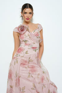 Floral Print Flower Corsage Detail Maxi Dress