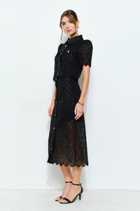 Puff Short Sleeve Pearl Button Lace Shirt