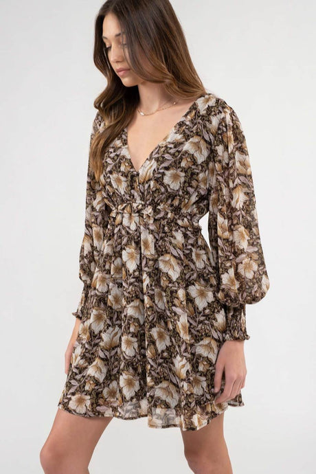 Floral Long Sleeve V-Neck Mini Dress