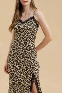 Floral Lace Trim Split Thigh Slip Maxi Dress