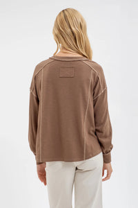 Contrast Stitch Long Sleeve Henley Knit Top