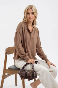 Contrast Stitch Long Sleeve Henley Knit Top