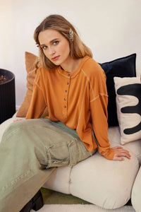 Contrast Stitch Long Sleeve Henley Knit Top